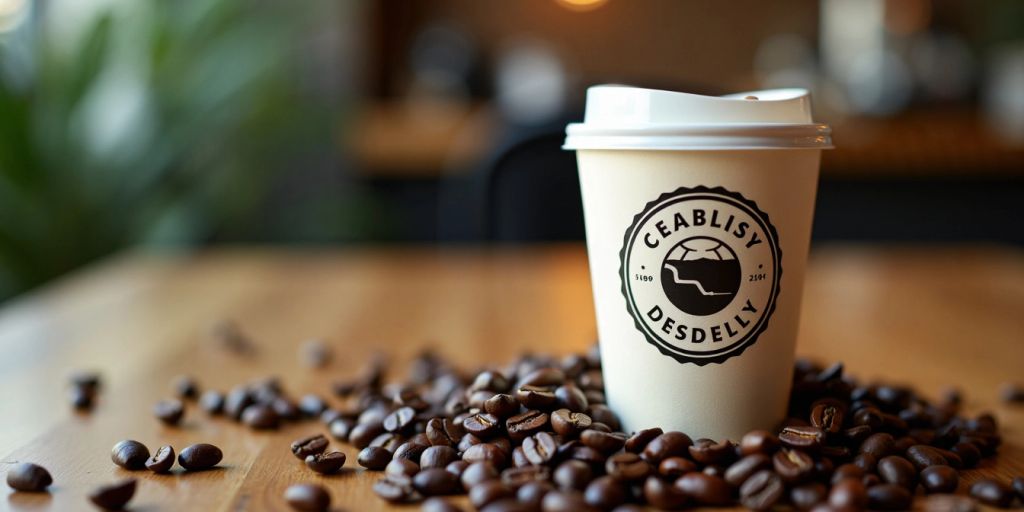 Custom printed coffee cup with coffee beans