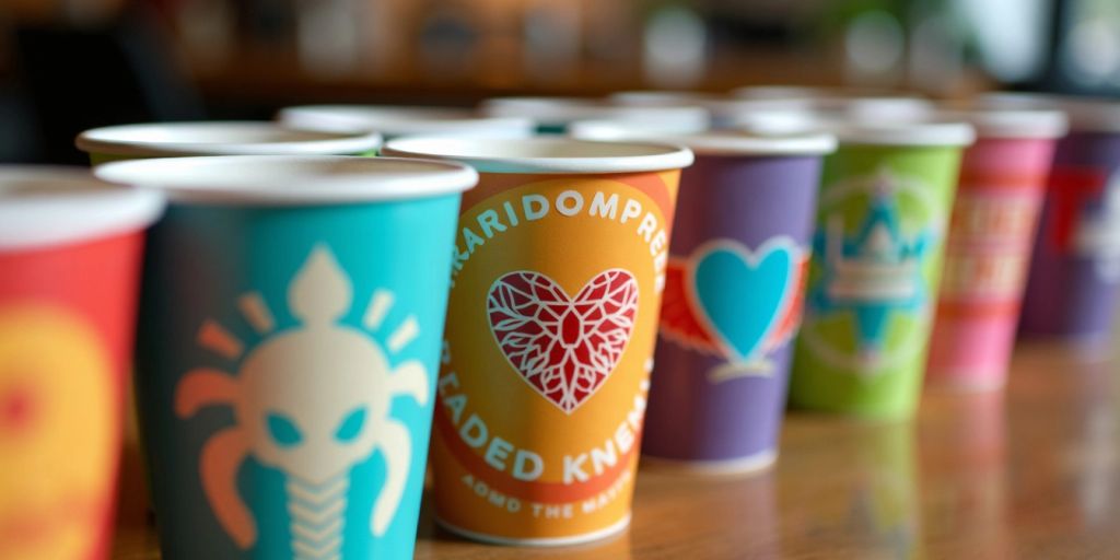 Colorful custom paper cups on a table.