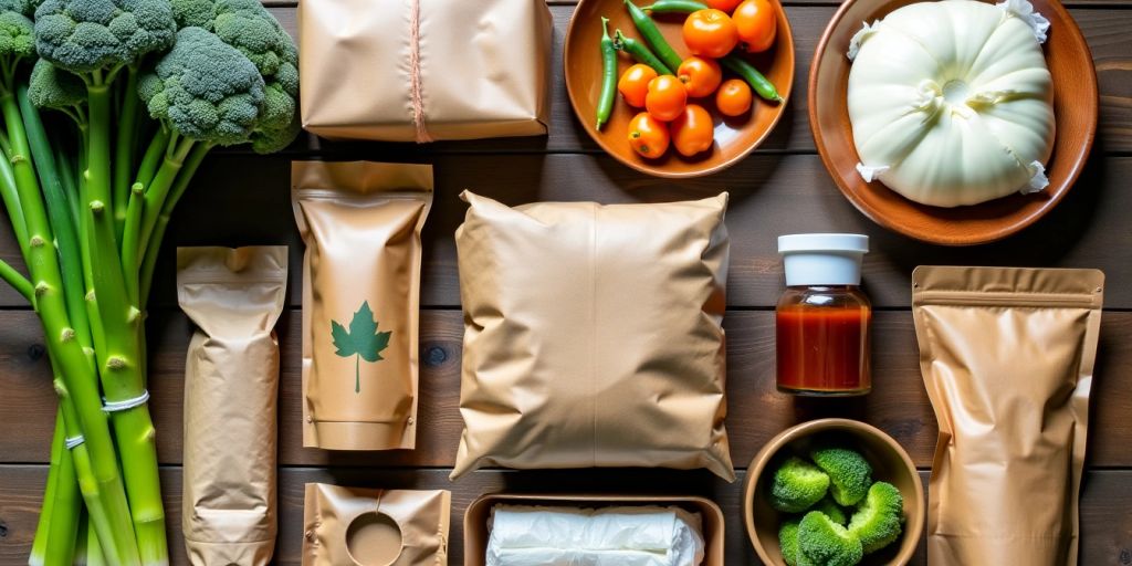 Assorted eco-friendly food packaging types on a wooden table.