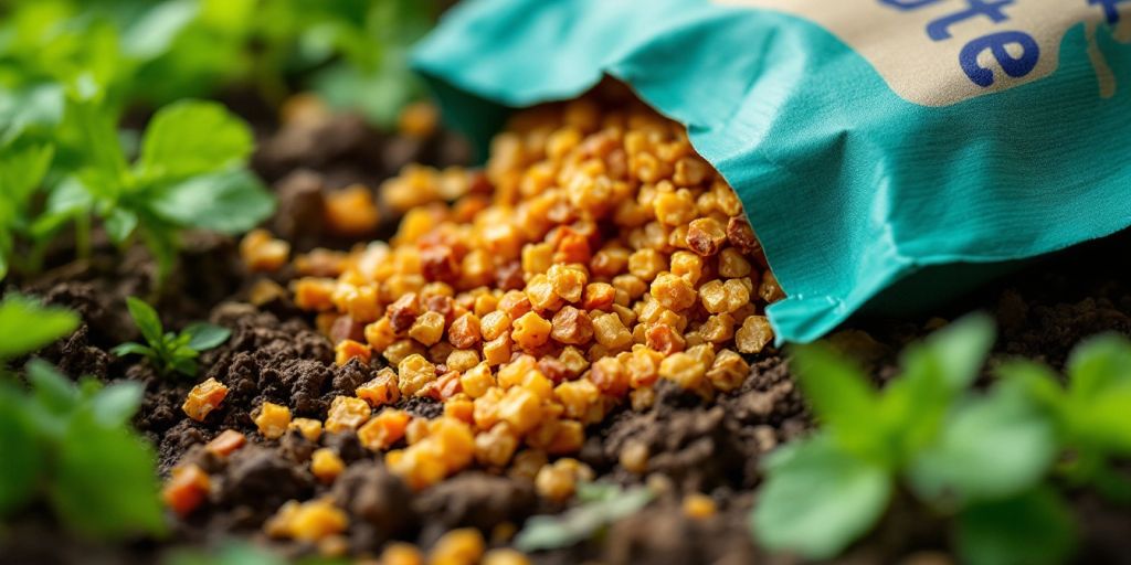 Compostable packaging among fresh greenery and natural materials.