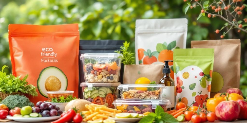 Eco-friendly food packaging solutions on a natural backdrop.