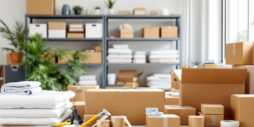 A workspace filled with packaging materials and tools.