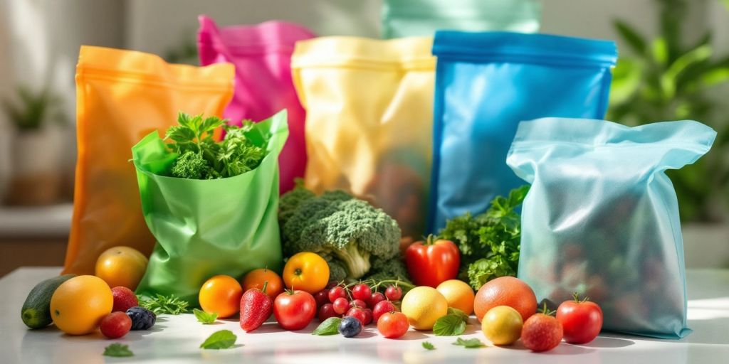 Colorful compostable food bags with fresh produce inside.